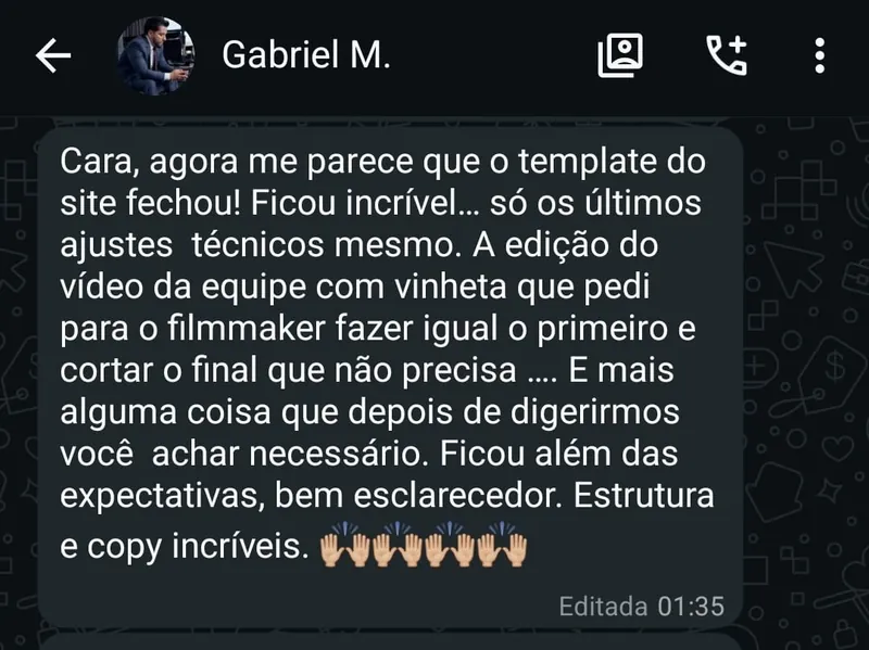 Depoimento de Gabriel no WhatsApp: ficou além das expectativas, estrutura e copy incríveis
