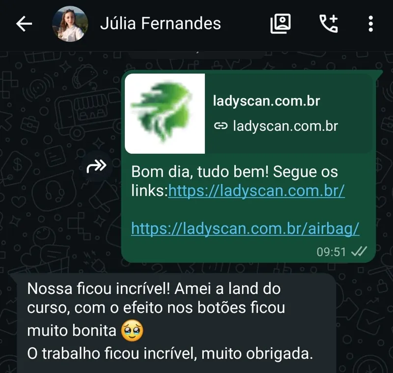 Depoimento de Julia Fernandes da Ladyscan no WhatsApp: amei a landing page do curso, o trabalho ficou incrível